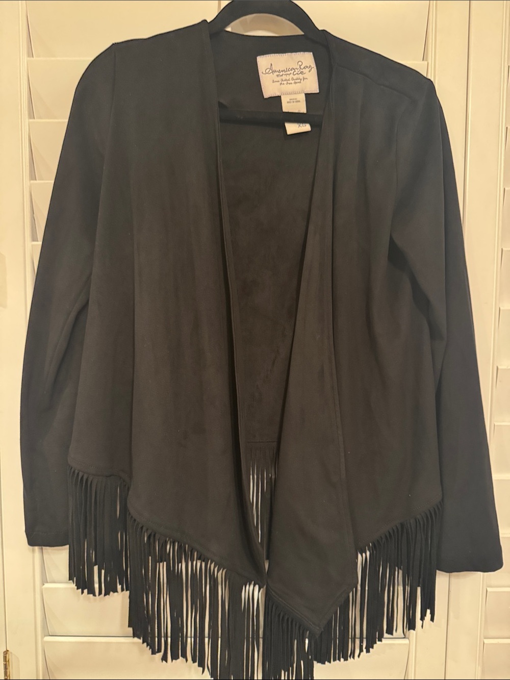 American Rag Black Suede-Look Fringe Draped Jacket